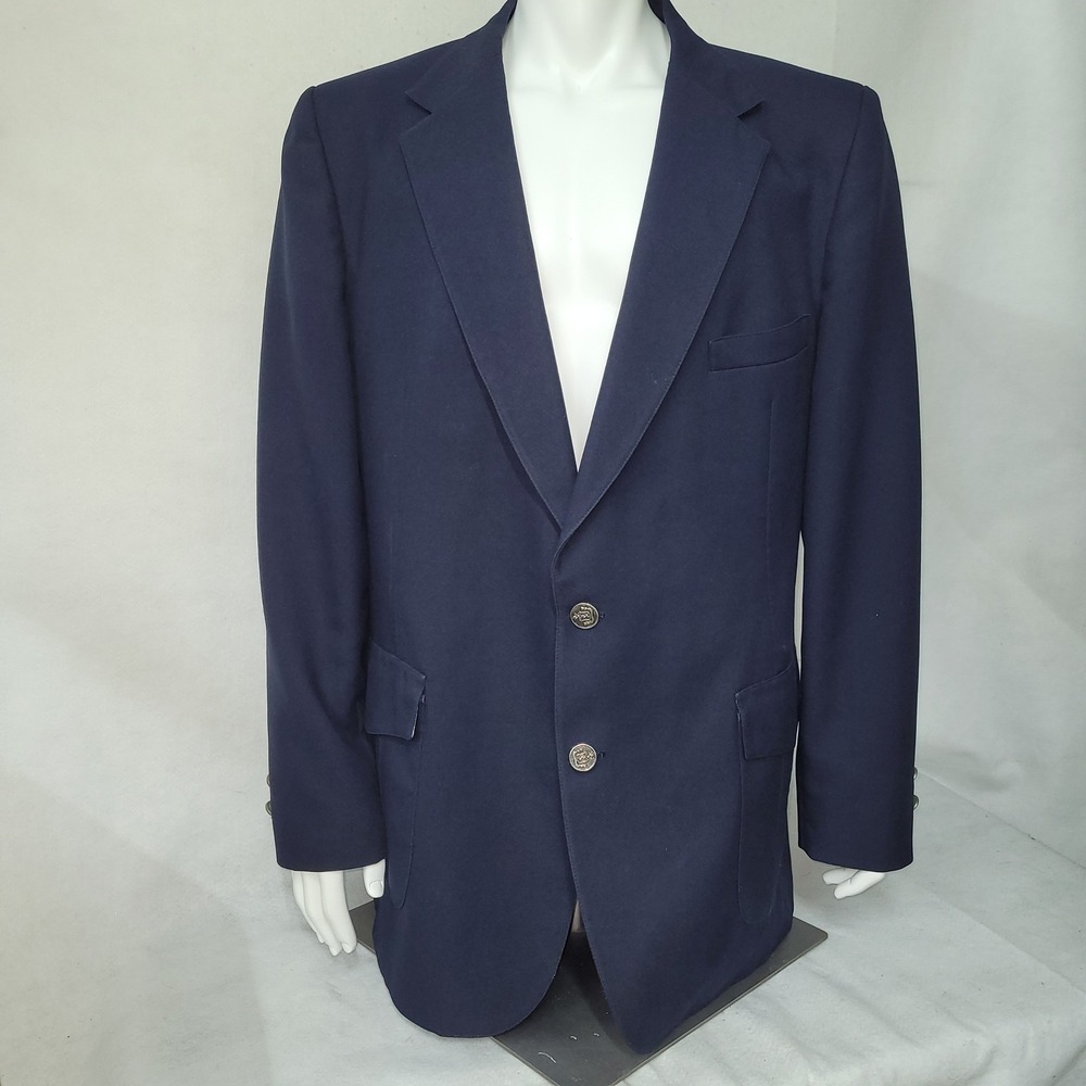 Johnny Carson Men Navy Blue Blazer‎ Sport Coat 44L Vintage Made In USA *Flaw